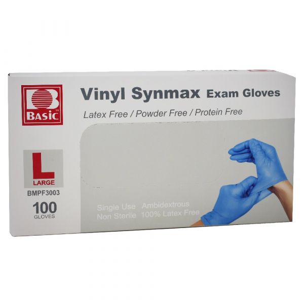 BASIC Vinyl Synmax Blue Exam Gloves - 100 Count - Large