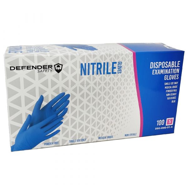 Defender Safety Nitrile Blue Exam Gloves - Small (100 Count)